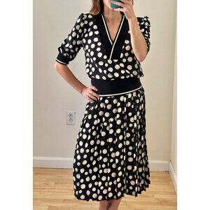 Vintage  Jonathan Martin 70s Polka Dot V-Neck Dress Pleated Bottom Sz Med